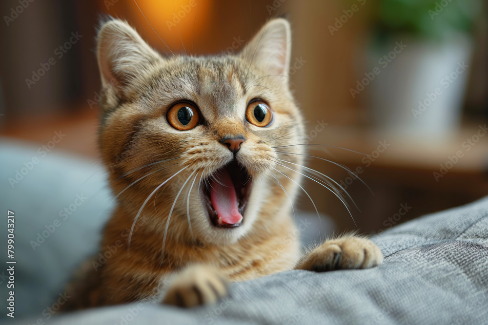 Fototapeta premium A shocked cat peeks out from behind the sofa. Animal emotions.