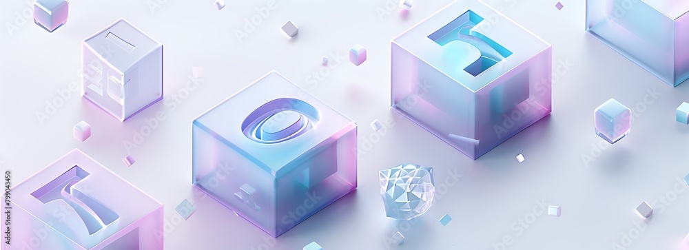 three-dimensional cartoon design of data and icons with a light purple gradient background