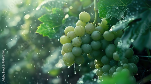 A close-up of a bunch of green grapes on the vine with water drops on them.