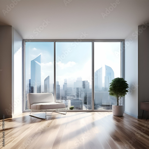 empty space interior background clean clear apartment room with high rise modern building in,generate ai