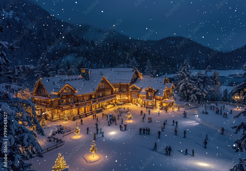 An aerial view of the exterior of an entire massive snowcovered Christmas themed hotel with lights, built on island in middle of lake surrounded by pine forest and mountains at night.