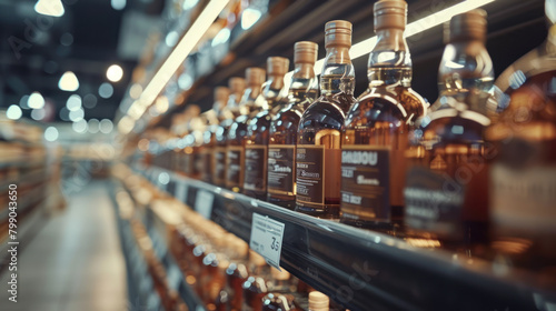 Rows of numerous bottles with hard alcohol