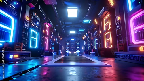 Data center with operational server racks in neon lights showcasing AI technology. Concept Data Center, Operational Server Racks, Neon Lights, AI Technology, Technology Showcase