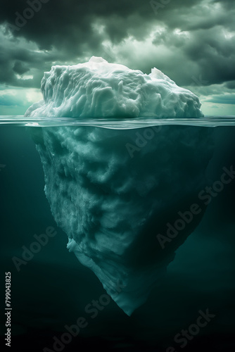underwater view on iceberg floating in the ocean, waterline, dark green and blue, cloudy sky, photorealistic // ai-generated 