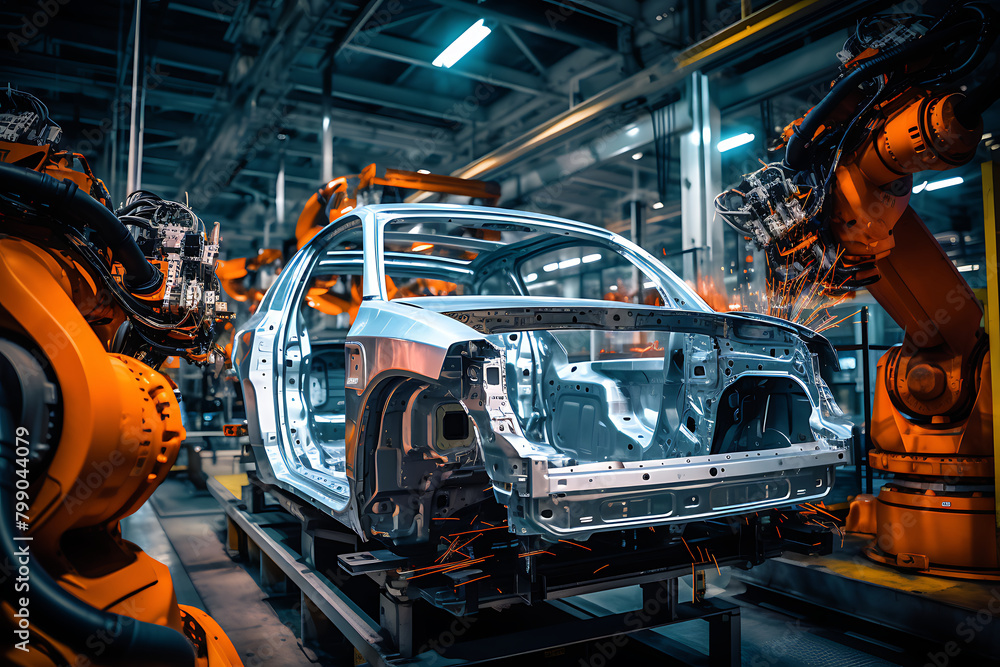 Sparks fly as industrial robots weld a car body on an automated assembly line in a modern automobile factory. Generative AI Sparks fly as industrial robots weld a car body on an automated assembly line in a modern automobile factory. Generative AI