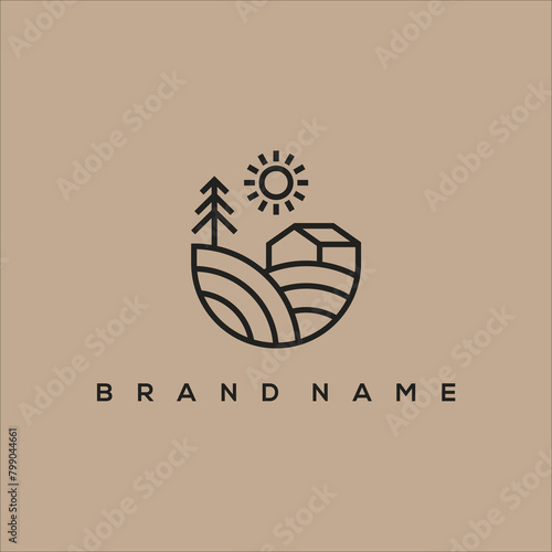 line art farmhouse pine and sun logo vector