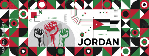 Flag and map of Jordan with raised fists. National day or Independence day design for Counrty celebration. Modern retro design with abstract icons. Vector illustration.