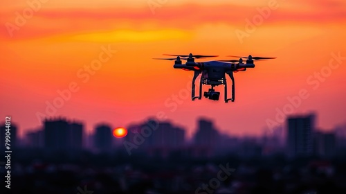 Silhouette of a drone flying over the city at sunset AI generated