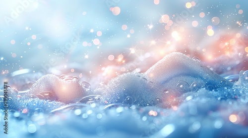 Closeup of bubbles floating on a blue liquid surface with a blurred background of sparkling lights.
