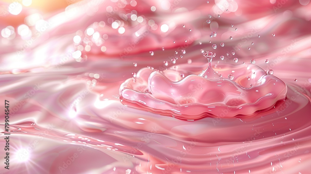 Close-up of a drop of pink liquid splashing into a pool of the same liquid, creating a delicate and mesmerizing crown-like formation. Close-up of a drop of pink liquid splashing into a pool of the same liquid, creating a delicate and mesmerizing crown-like formation.