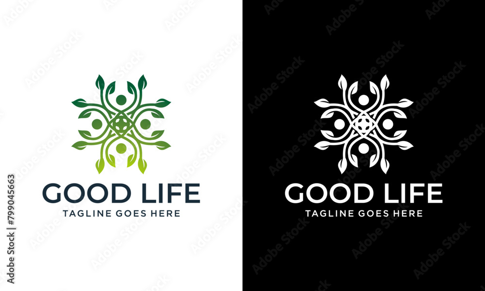Creative human with leaf healthcare group and medical logo design vector illustration