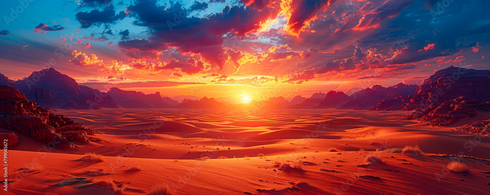 A beautiful landscape of a desert with red sand and a bright orange sunset.