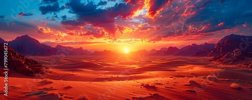 A beautiful landscape of a desert with red sand and a bright orange sunset.