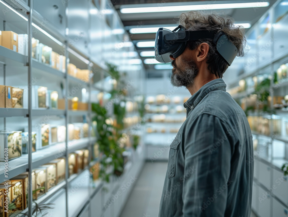 A man explores a virtual environment using a VR headset, standing in a well-lit contemporary library with bookshelves and plants. A man explores a virtual environment using a VR headset, standing in a well-lit contemporary library with bookshelves and plants.