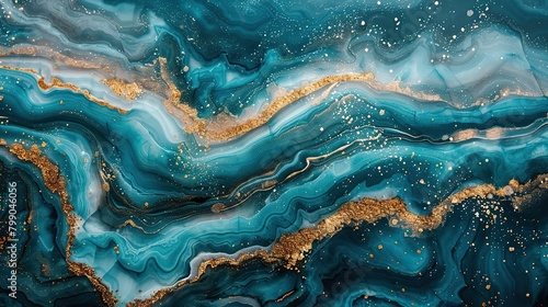 Abstract painting with blue and green waves and golden inclusions.