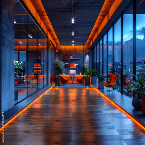 An orange and blue modern office space with a view of the city