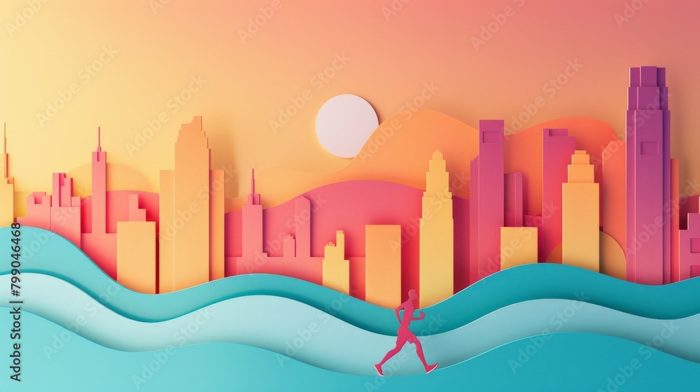 Colorful paper cityscape with runner. Vibrant fitness and urban lifestyle theme