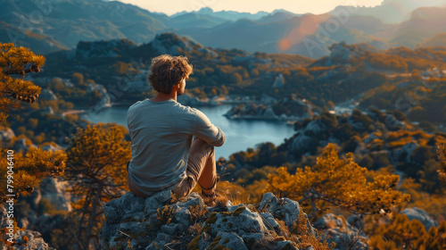 A man sits on a rock and gazes at a beautiful mountain landscape with a lake.