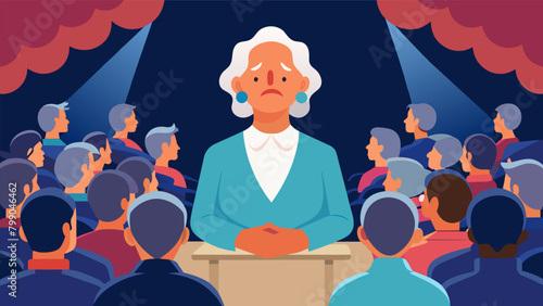 A grandmother sits in the front row of the audience tears streaming down her face as she listens to the powerful speeches of the oratorical contest. Vector illustration