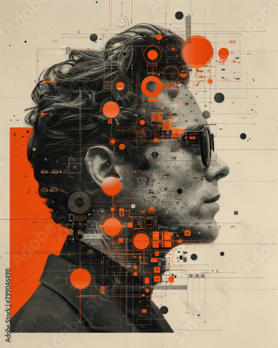 A side profile of a man overlaid with intricate geometric shapes and data visualization elements, symbolizing connectivity and analysis.