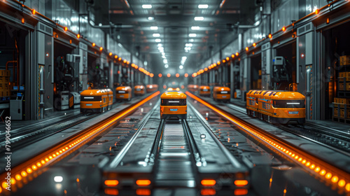 A fleet of orange automated robots moves efficiently along tracks in a high-tech, modern logistics warehouse, streamlining the distribution process. © Siwatcha Studio