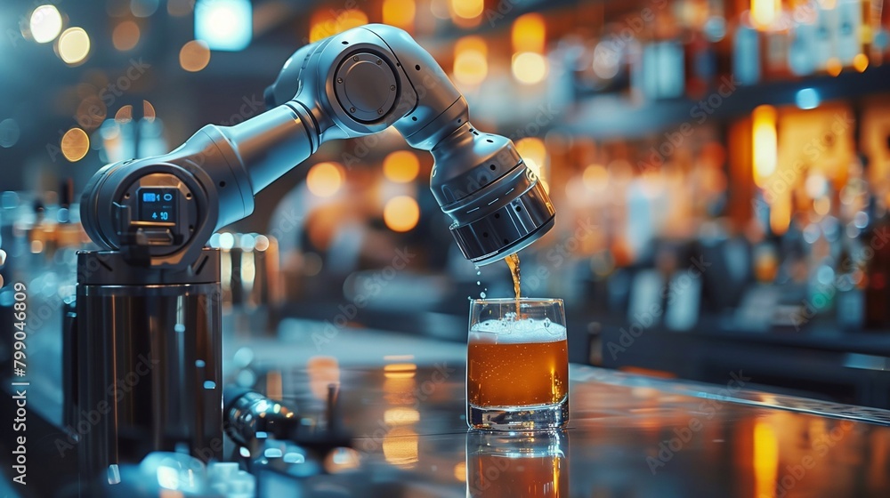 A dynamic, blurred image of a sleek robotic bartender skillfully preparing cocktails. Generative ai A dynamic, blurred image of a sleek robotic bartender skillfully preparing cocktails. Generative ai