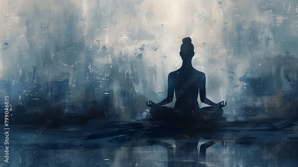 a silhouette of a person in a cross-legged meditation pose, surrounded by soft brush strokes of cool blues and grays. Generative ai a silhouette of a person in a cross-legged meditation pose, surrounded by soft brush strokes of cool blues and grays. Generative ai