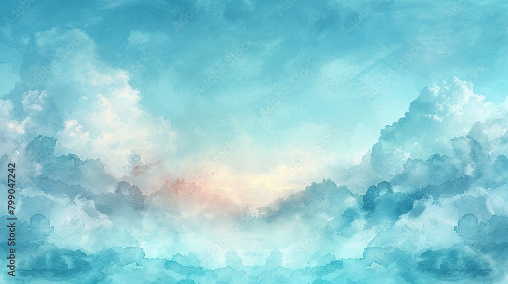Watercolor painted cloudy sky and cirrus clouds in blue and white colors.