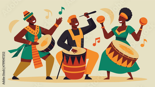 A live band plays traditional African drums and instruments transporting the audience back to the lively music and dancing of the first Juneteenth. Vector illustration