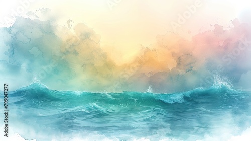 Graceful watercolor painting of a vast ocean with gentle waves and a tranquil sky.