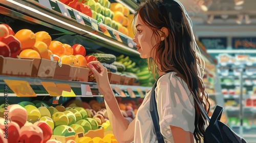 Woman choosing fruits in supermarket. Fresh produce selection. Healthy lifestyle and diet choices.