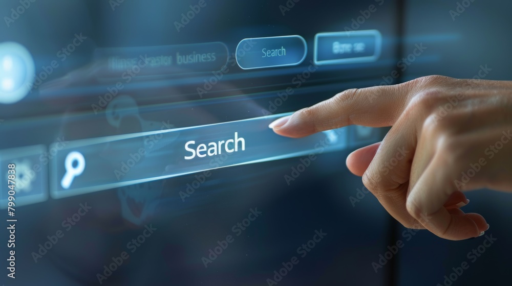 Futuristic interface of a business search with a human hand interacting touchlessly Futuristic interface of a business search with a human hand interacting touchlessly
