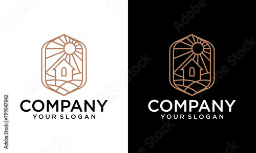 Creative Vineyard farmhouse logo. Country guest house icon. Bed and breakfast farm cottage sign. Countryside wine estate symbol. Vector illustration.