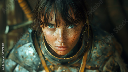 Portrait of an ancient woman wearing n armor. (Ai generated)

 photo