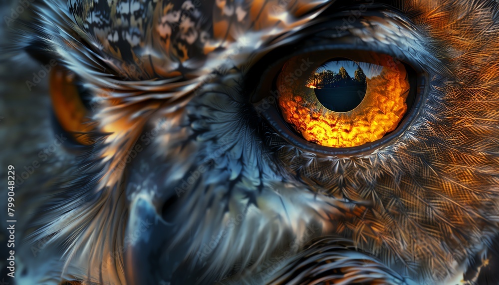 Zoom in on the captivating gaze of a wise owl, showcasing the depth and intensity of its amber eyes, reflecting a hint of moonlight in a mesmerizing, almost mystical manner Zoom in on the captivating gaze of a wise owl, showcasing the depth and intensity of its amber eyes, reflecting a hint of moonlight in a mesmerizing, almost mystical manner