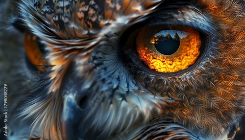 Zoom in on the captivating gaze of a wise owl, showcasing the depth and intensity of its amber eyes, reflecting a hint of moonlight in a mesmerizing, almost mystical manner