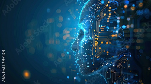 technology concept artificial abstract human side face and glowing brain with chip circuit board elegant blue tone background AI generated photo