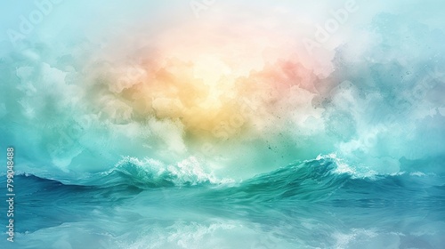 The image is an abstract painting of a stormy sea. The waves are crashing against each other, and the sky is dark and cloudy. 