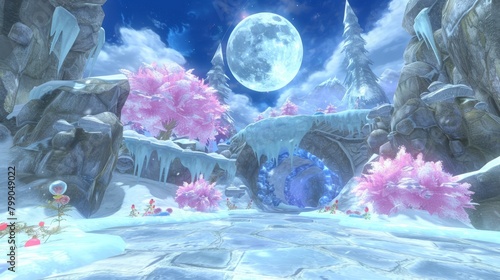  A screenshot of a snowy landscape in a video game featuring pink flowers contrasting against white snow, with a colossal moon casting an ethereal glow overhead photo