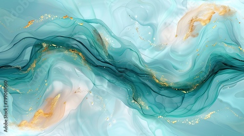 Abstract painting with flowing turquoise and green waves and golden particles.