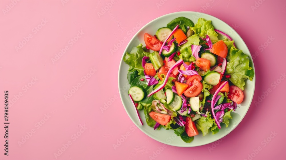 Colorful fresh salad bowl on a vibrant pink background. Health and vitality theme. Colorful fresh salad bowl on a vibrant pink background. Health and vitality theme.