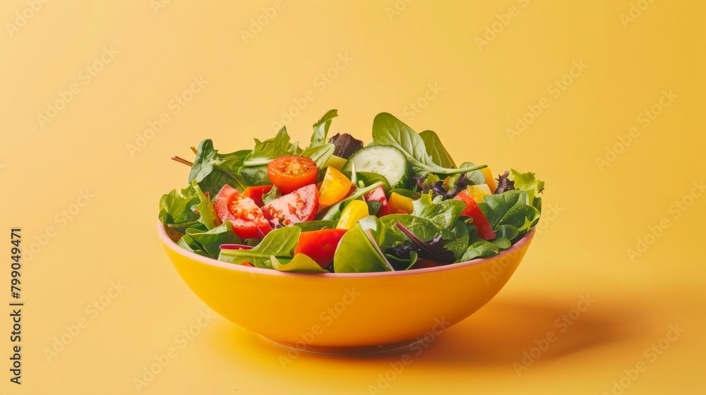 Colorful mixed salad in a bright yellow bowl. Perfect for a balanced diet. Colorful mixed salad in a bright yellow bowl. Perfect for a balanced diet.