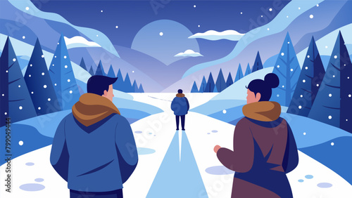 Two strangers meet on a snowy path and end up pouring out their life stories to each other in the peacefulness of the winter scenery.. Vector illustration