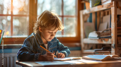 Concentrated Young Boy Writing with Pencil in Sunlit Room