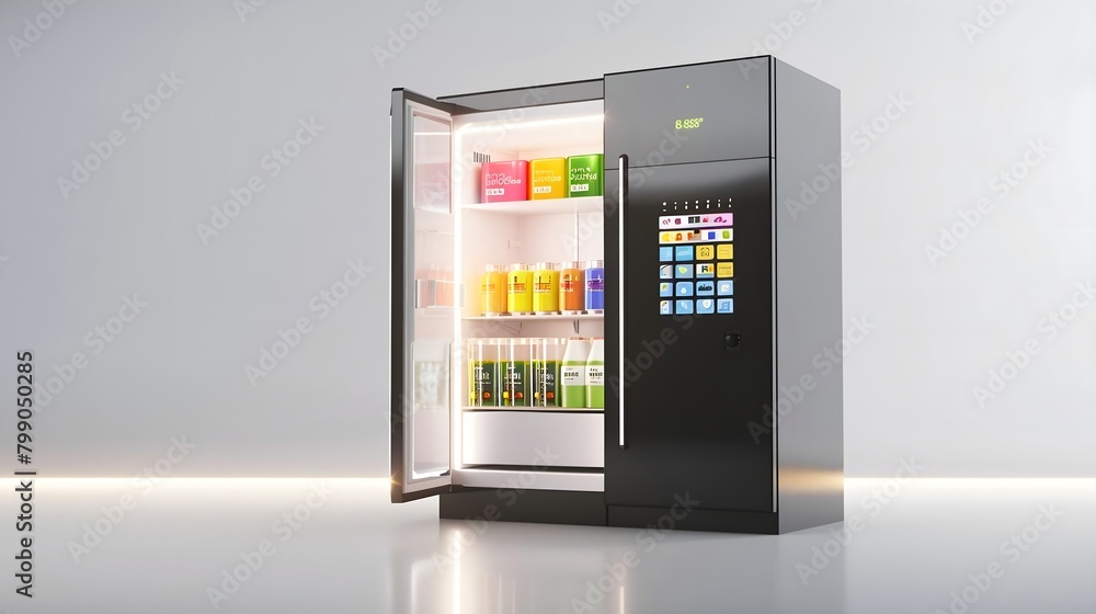 A sleek and modern smart fridge showcasing advanced technology features such as touch-screen displays, voice command integration, and automated inventory management. A sleek and modern smart fridge showcasing advanced technology features such as touch-screen displays, voice command integration, and automated inventory management.