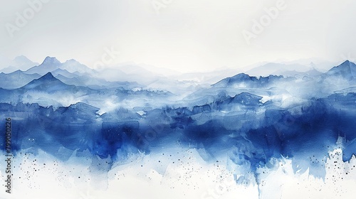 Blue watercolor mountain landscape.