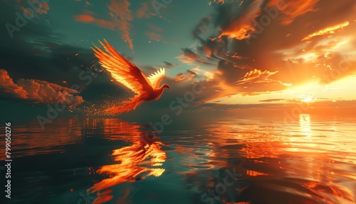 Phoenix gliding over water, reflection of flames, twilight, wideangle photo