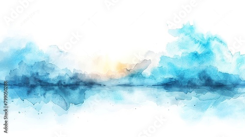 Blue watercolor sunset landscape. Hand painted.