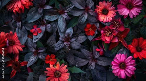 Stunning photograph showcasing vibrant red and pink flowers with foliage Vibrant image photo