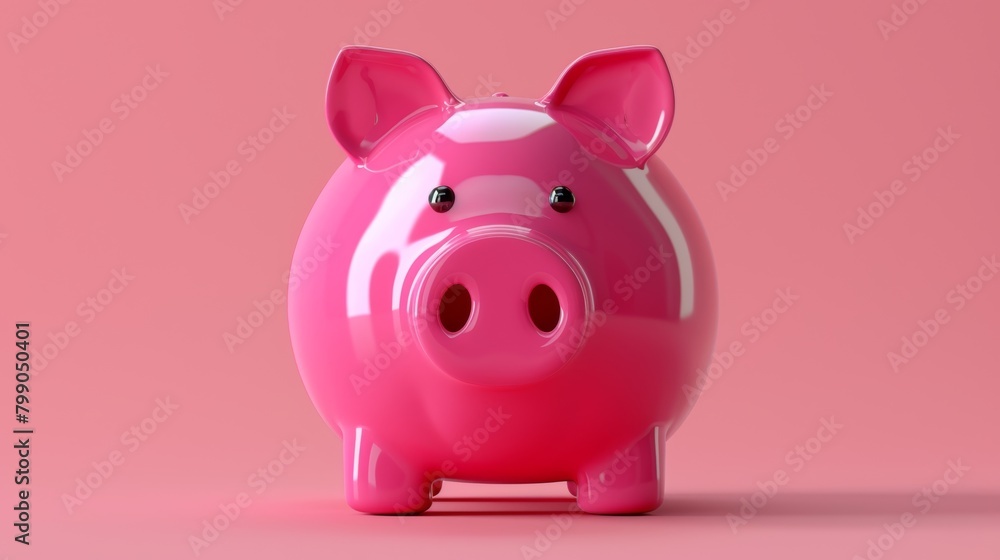 Glossy pink piggy bank on a minimalist pink and white background for saving concept